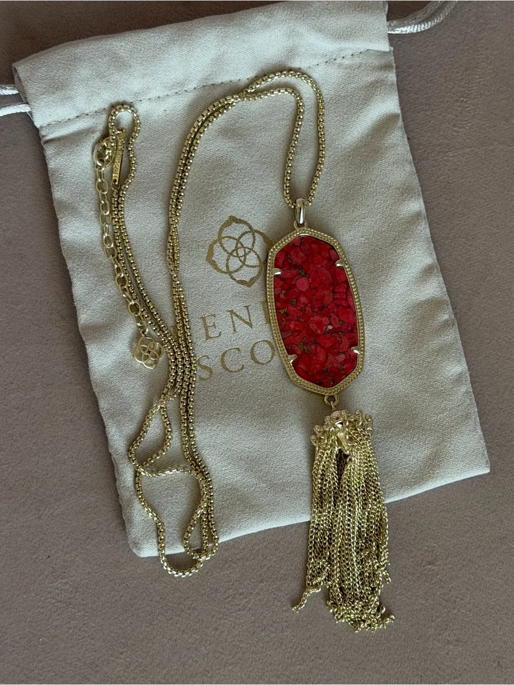 Kendra Scott Rayne Gold Long Tassel Necklace – Red/Coral Composite Stone